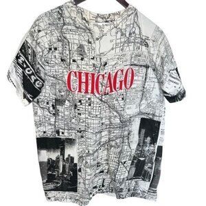 Mens Graphic T-Shirt Map Print Chicago White/Black 100% Cotton Size L